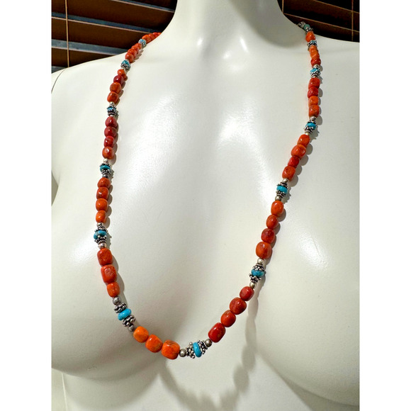 Coral Turquoise Beaded Necklace Sterling Silver Southwestern 28" Stone Natural - Picture 2 of 9